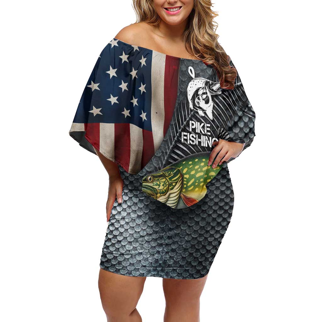 Pike Fishing Off Shoulder Short Dress with American Flag and Realistic Fish Scale Texture Design - Wonder Print Shop