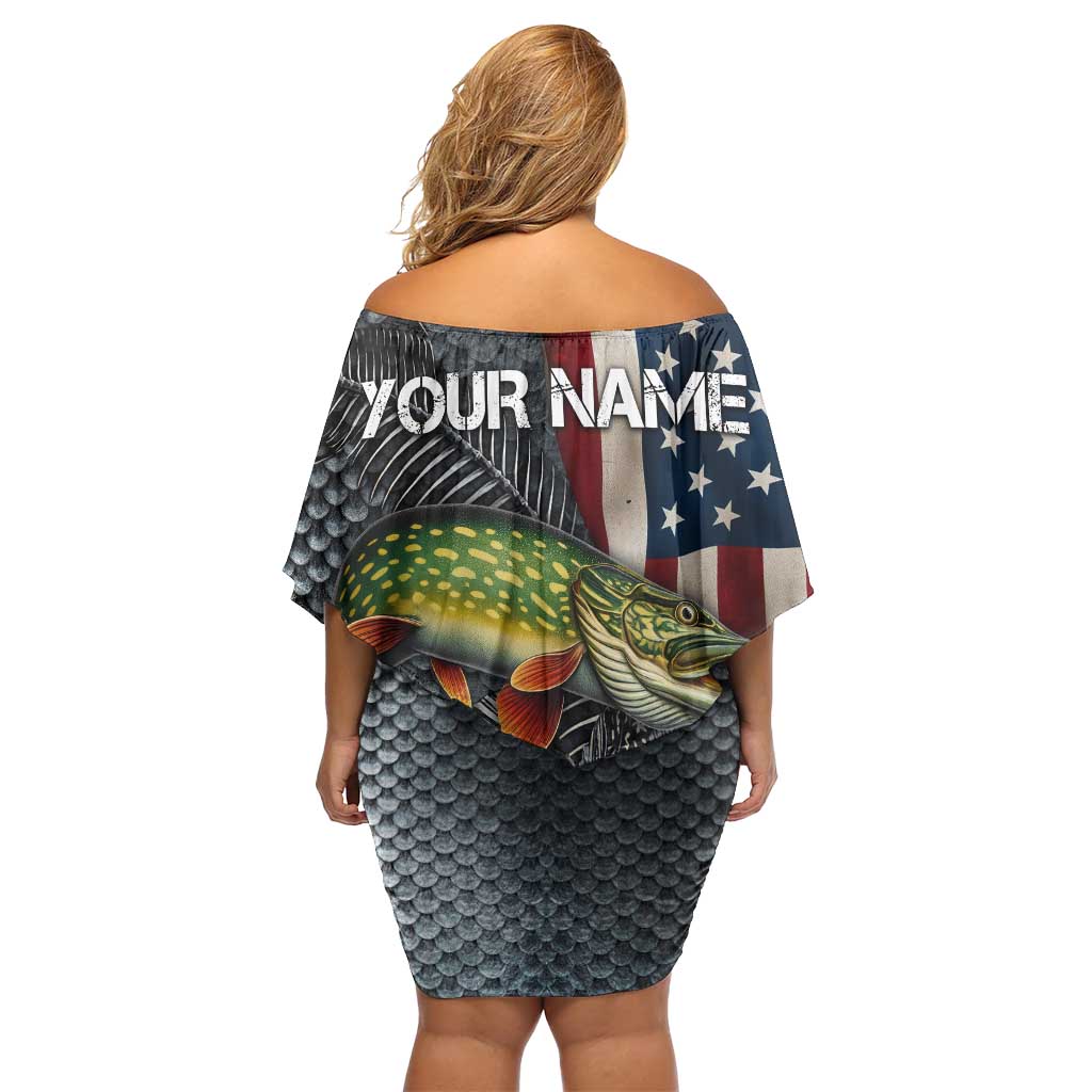 Pike Fishing Off Shoulder Short Dress with American Flag and Realistic Fish Scale Texture Design - Wonder Print Shop