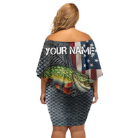 Pike Fishing Off Shoulder Short Dress with American Flag and Realistic Fish Scale Texture Design - Wonder Print Shop