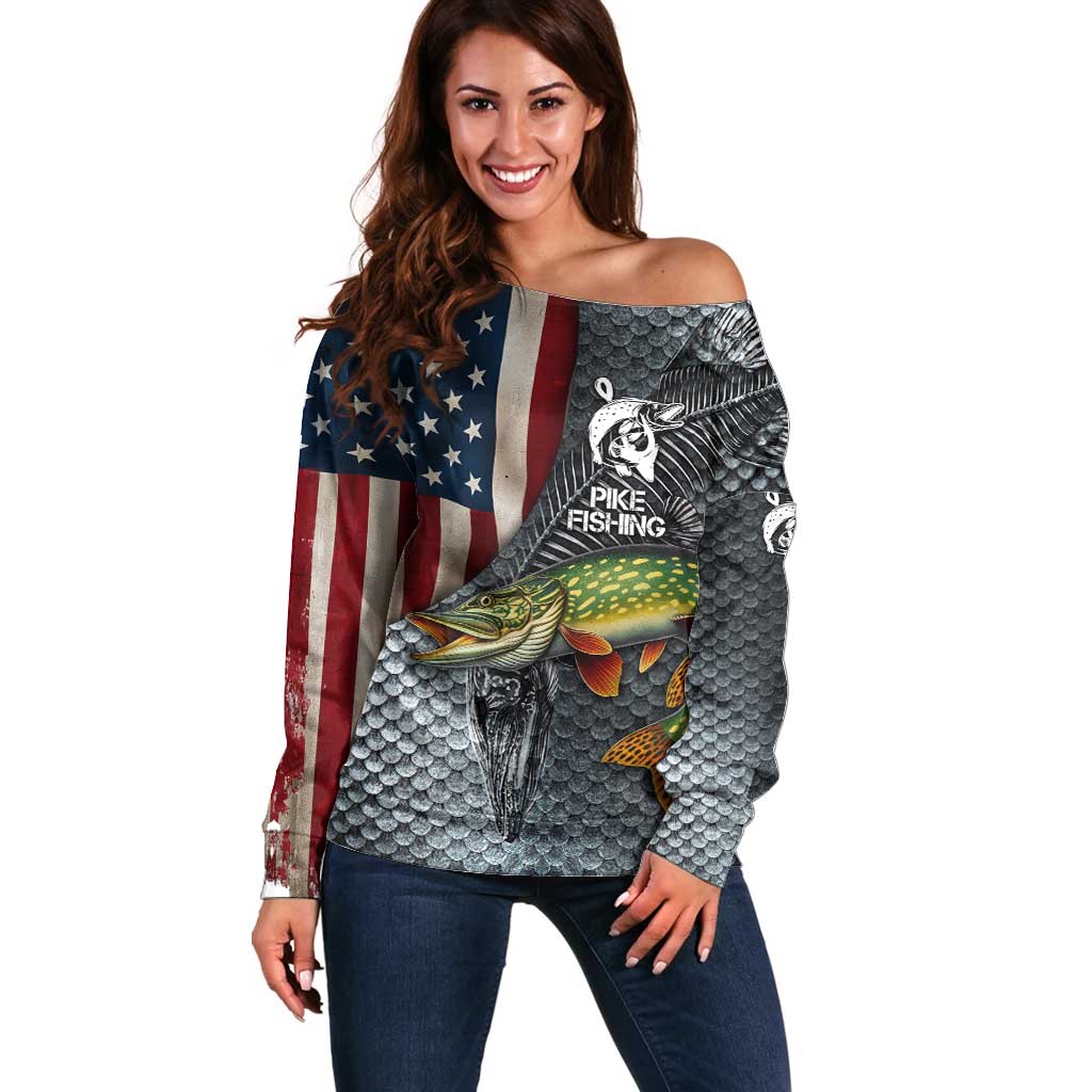 Pike Fishing Off Shoulder Sweater with American Flag and Realistic Fish Scale Texture Design - Wonder Print Shop