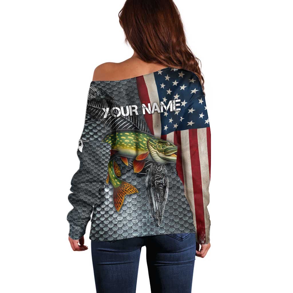 Pike Fishing Off Shoulder Sweater with American Flag and Realistic Fish Scale Texture Design - Wonder Print Shop