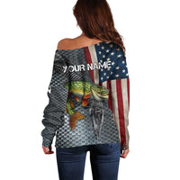 Pike Fishing Off Shoulder Sweater with American Flag and Realistic Fish Scale Texture Design - Wonder Print Shop