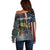 Pike Fishing Off Shoulder Sweater with American Flag and Realistic Fish Scale Texture Design - Wonder Print Shop