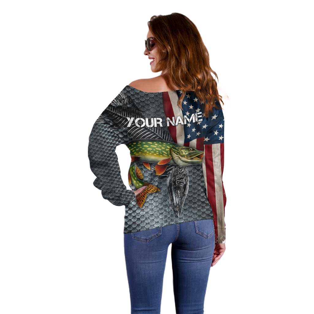Pike Fishing Off Shoulder Sweater with American Flag and Realistic Fish Scale Texture Design - Wonder Print Shop