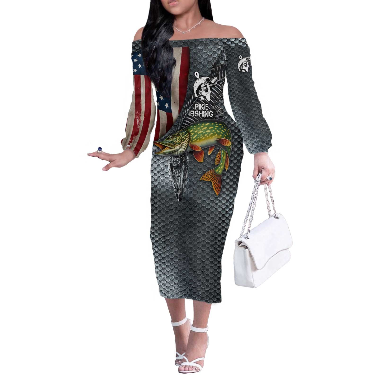 Pike Fishing Off The Shoulder Long Sleeve Dress with American Flag and Realistic Fish Scale Texture Design - Wonder Print Shop