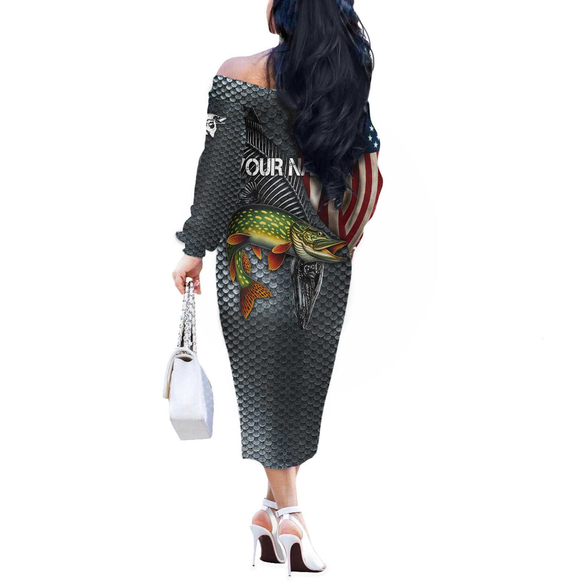 Pike Fishing Off The Shoulder Long Sleeve Dress with American Flag and Realistic Fish Scale Texture Design - Wonder Print Shop