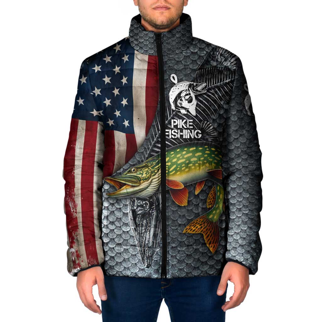 Pike Fishing Padded Jacket with American Flag and Realistic Fish Scale Texture Design - Wonder Print Shop