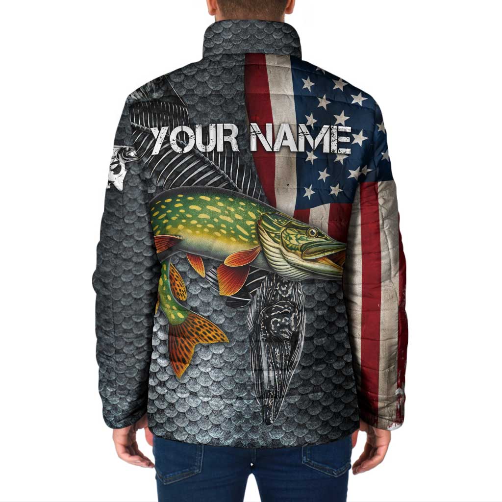 Pike Fishing Padded Jacket with American Flag and Realistic Fish Scale Texture Design - Wonder Print Shop