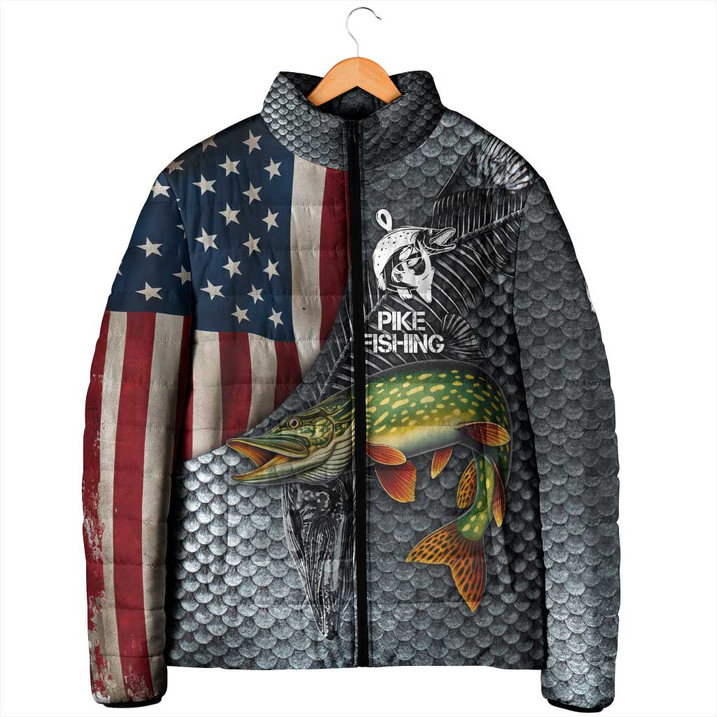 Pike Fishing Padded Jacket with American Flag and Realistic Fish Scale Texture Design - Wonder Print Shop