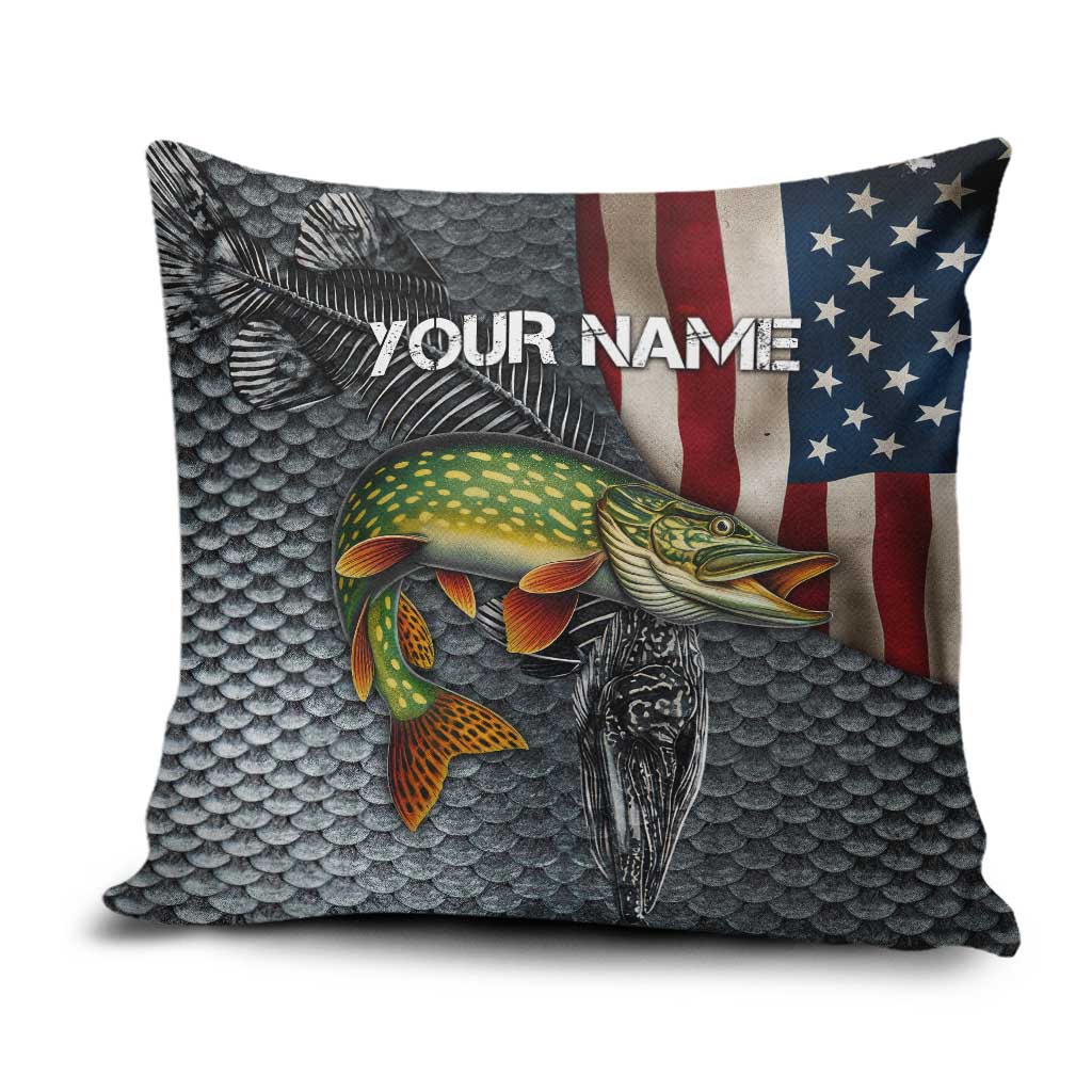 Pike Fishing Pillow Cover with American Flag and Realistic Fish Scale Texture Design - Wonder Print Shop