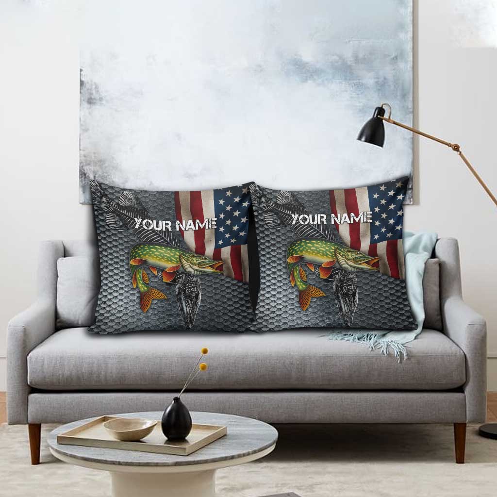 Pike Fishing Pillow Cover with American Flag and Realistic Fish Scale Texture Design - Wonder Print Shop