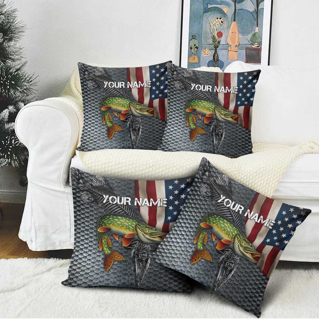 Pike Fishing Pillow Cover with American Flag and Realistic Fish Scale Texture Design - Wonder Print Shop