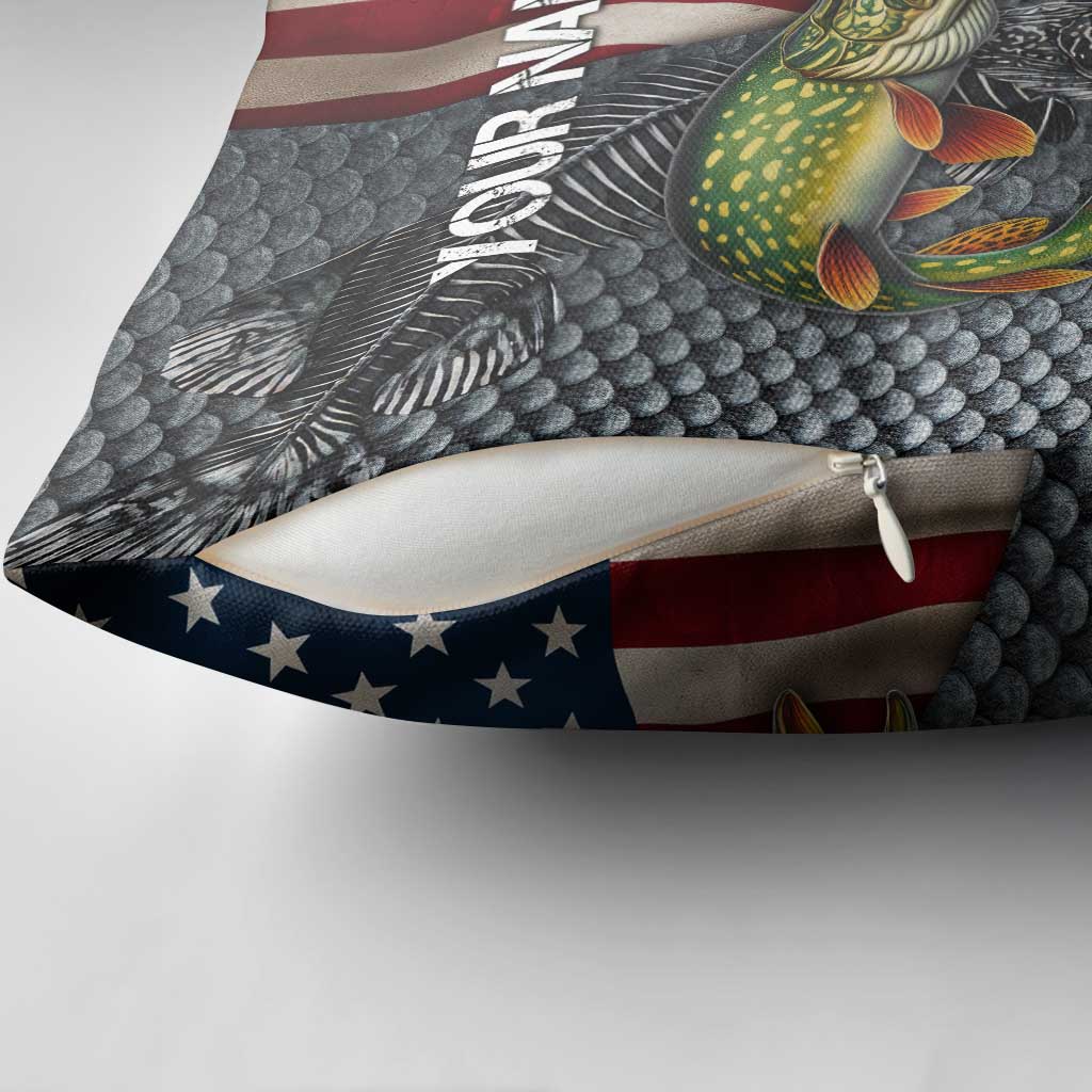 Pike Fishing Pillow Cover with American Flag and Realistic Fish Scale Texture Design - Wonder Print Shop