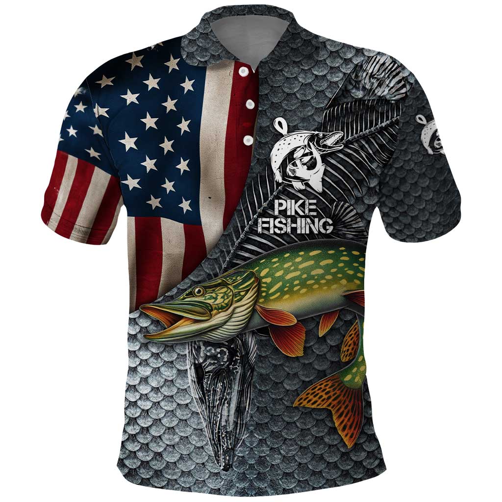 Pike Fishing Polo Shirt with American Flag and Realistic Fish Scale Texture Design - Wonder Print Shop