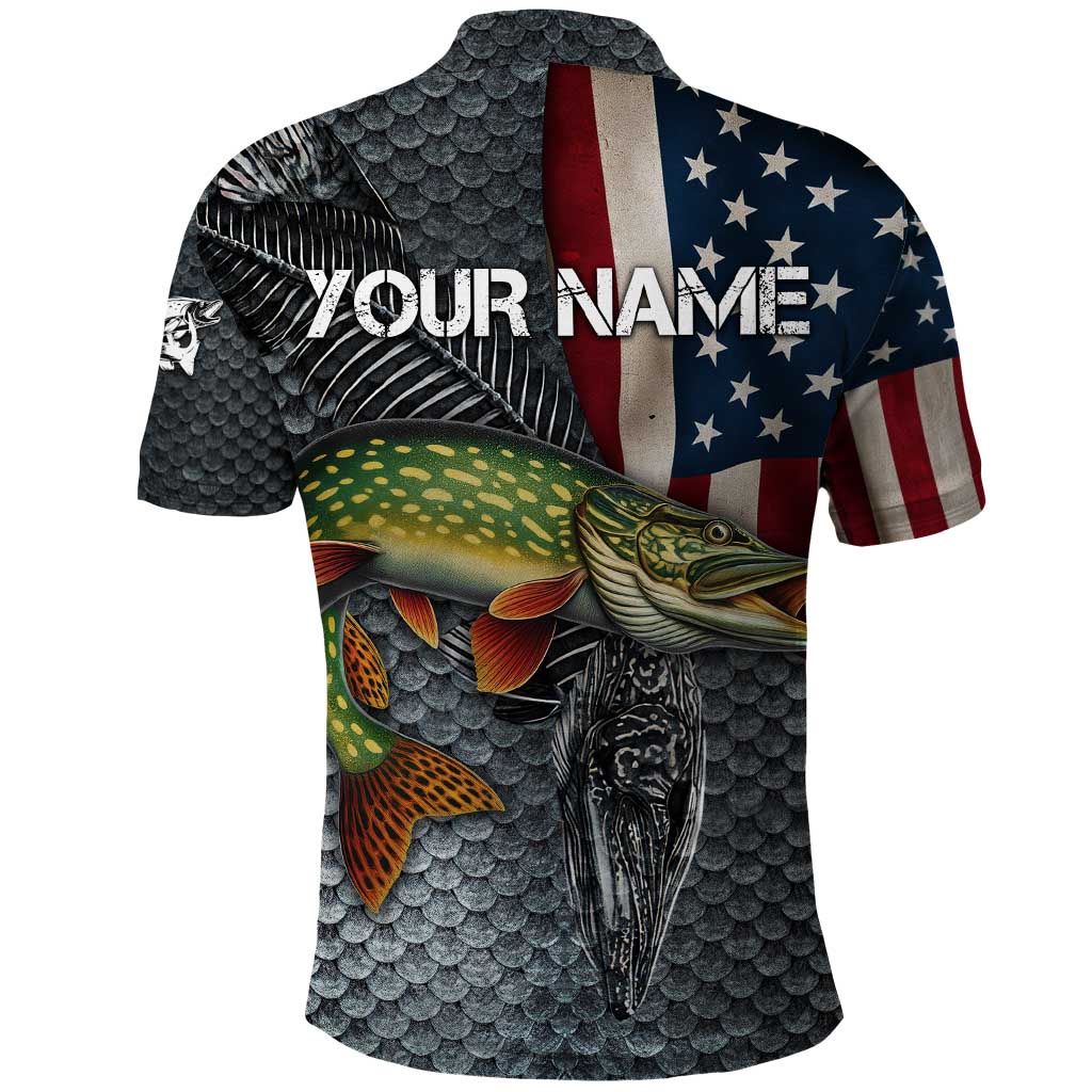 Pike Fishing Polo Shirt with American Flag and Realistic Fish Scale Texture Design - Wonder Print Shop