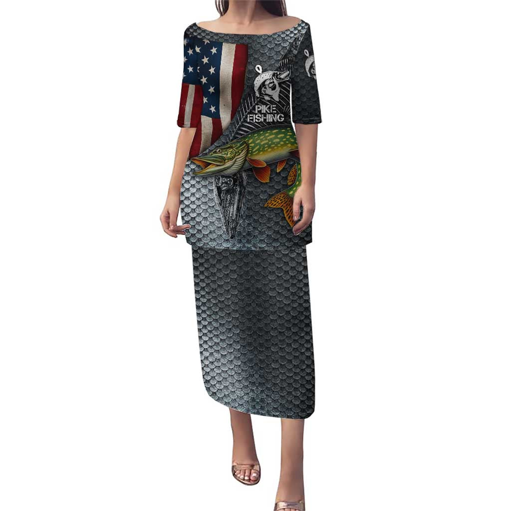 Pike Fishing Puletasi with American Flag and Realistic Fish Scale Texture Design - Wonder Print Shop