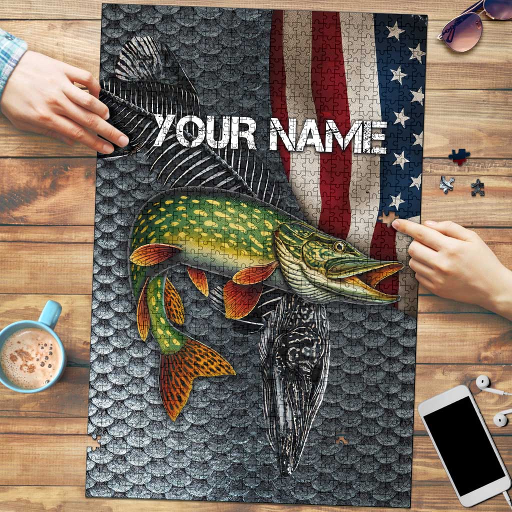 Pike Fishing Puzzle with American Flag and Realistic Fish Scale Texture Design - Wonder Print Shop