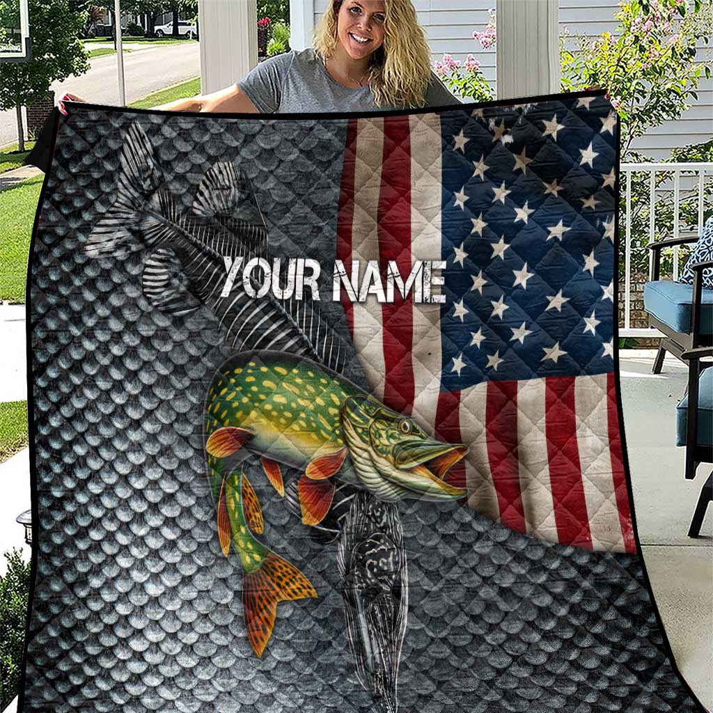 Pike Fishing Quilt with American Flag and Realistic Fish Scale Texture Design - Wonder Print Shop