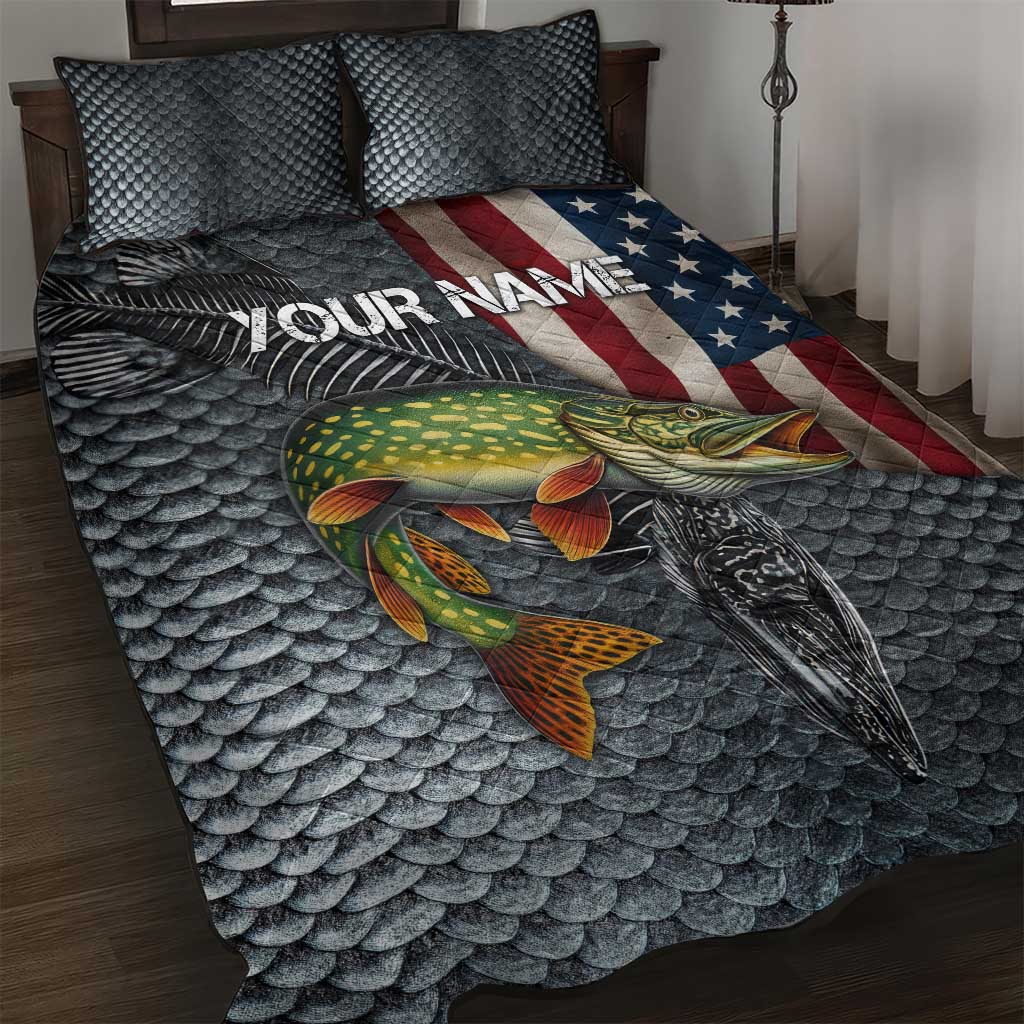 Pike Fishing Quilt Bed Set with American Flag and Realistic Fish Scale Texture Design - Wonder Print Shop