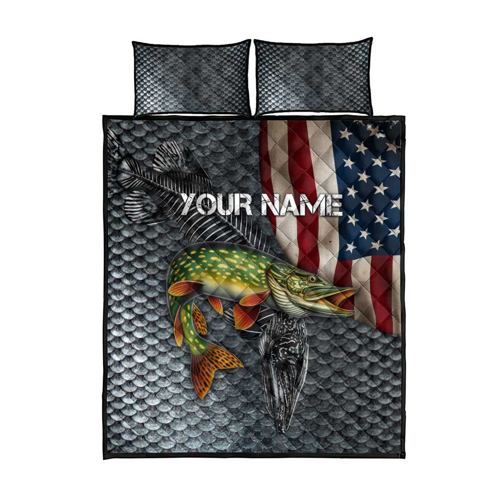 Pike Fishing Quilt Bed Set with American Flag and Realistic Fish Scale Texture Design - Wonder Print Shop