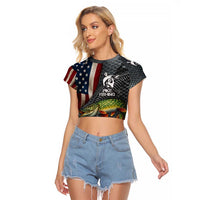 Pike Fishing Raglan Cropped T Shirt with American Flag and Realistic Fish Scale Texture Design - Wonder Print Shop