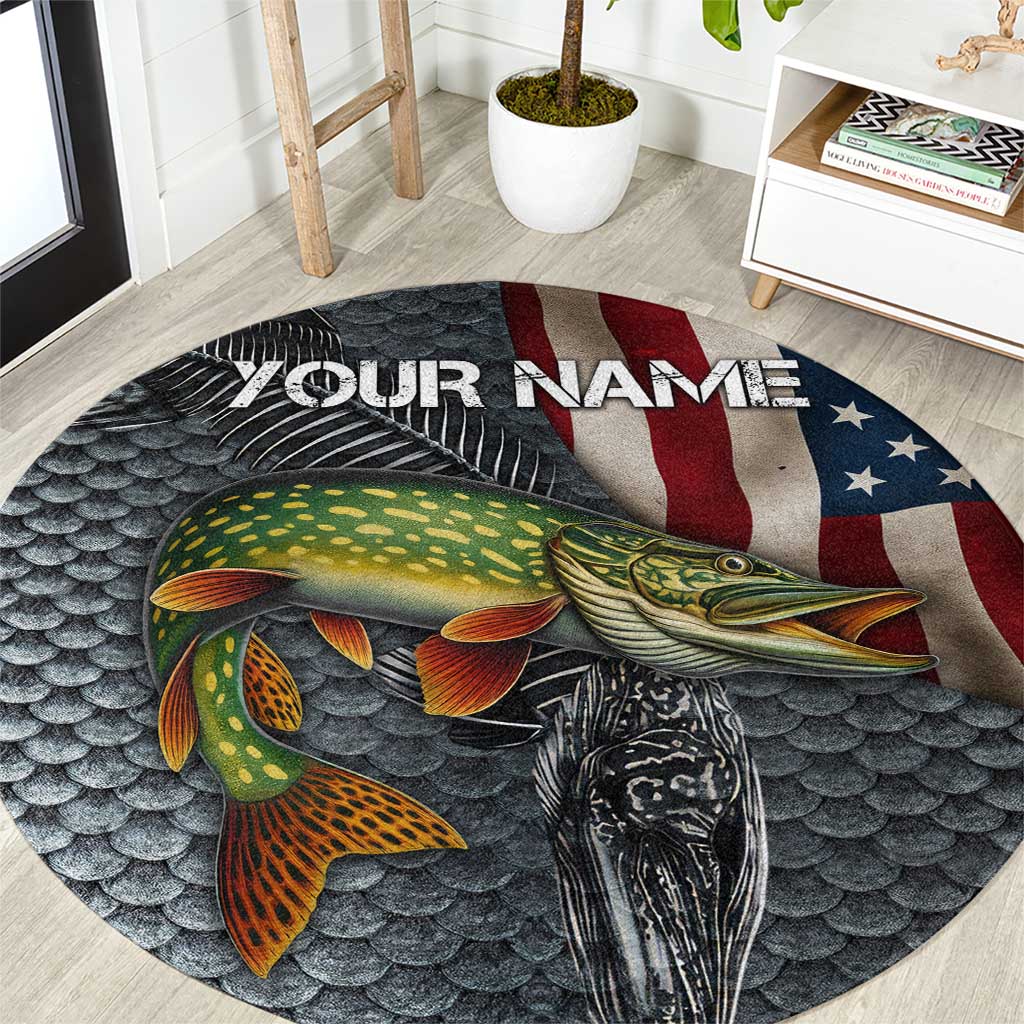 Pike Fishing Round Carpet with American Flag and Realistic Fish Scale Texture Design - Wonder Print Shop