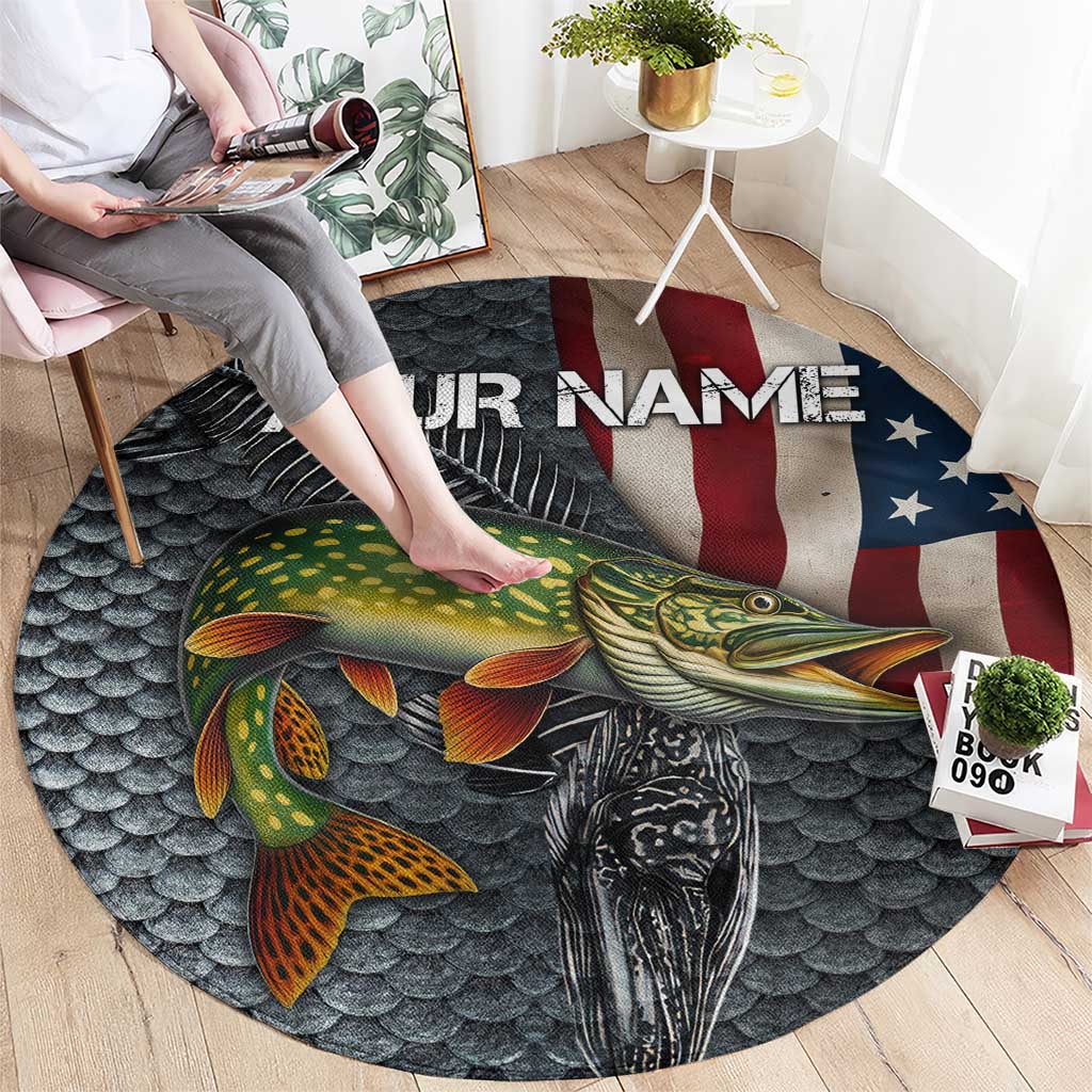 Pike Fishing Round Carpet with American Flag and Realistic Fish Scale Texture Design - Wonder Print Shop