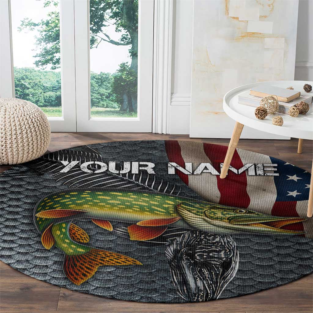 Pike Fishing Round Carpet with American Flag and Realistic Fish Scale Texture Design - Wonder Print Shop