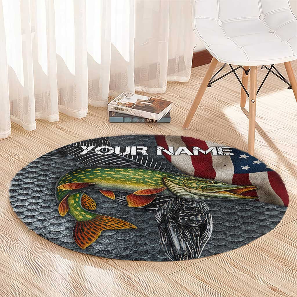 Pike Fishing Round Carpet with American Flag and Realistic Fish Scale Texture Design - Wonder Print Shop