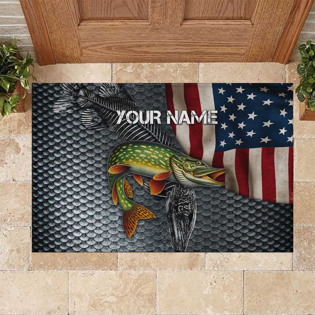 Pike Fishing Rubber Doormat with American Flag and Realistic Fish Scale Texture Design - Wonder Print Shop