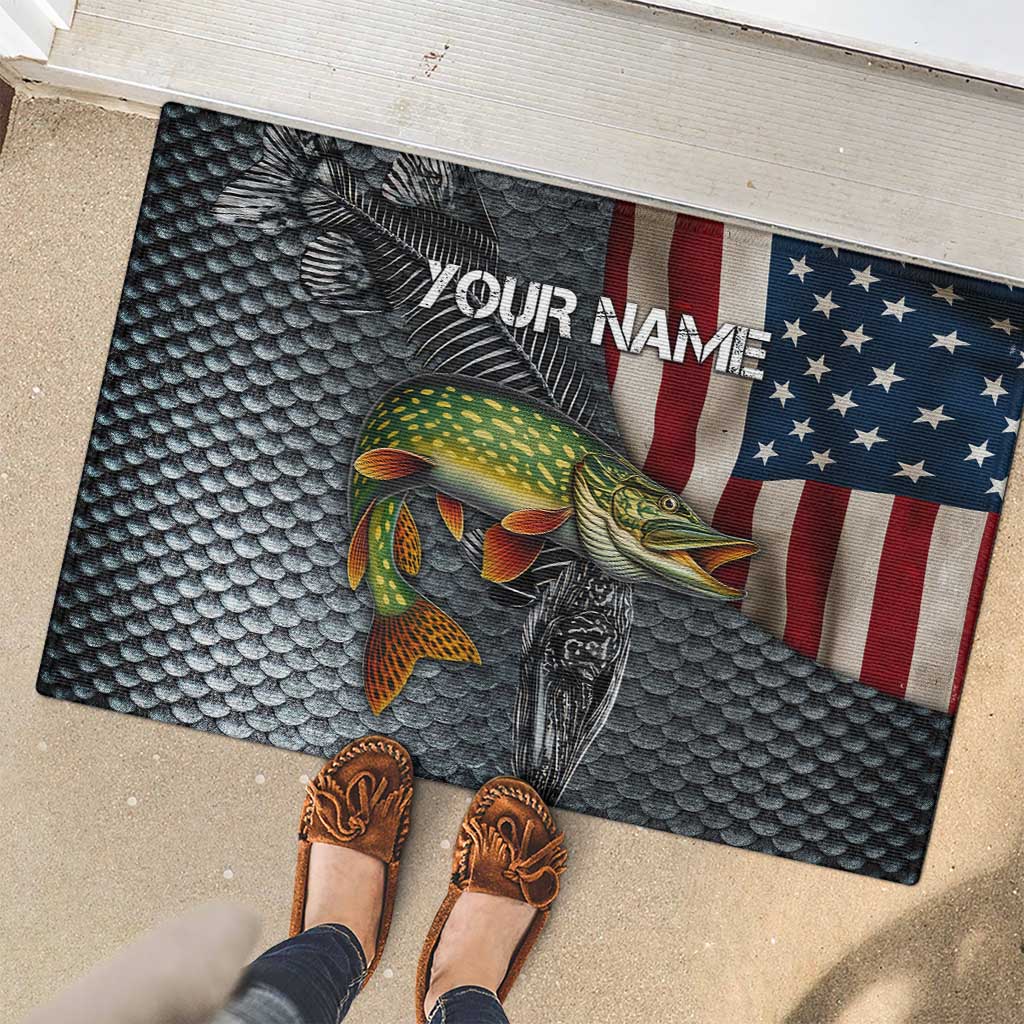 Pike Fishing Rubber Doormat with American Flag and Realistic Fish Scale Texture Design - Wonder Print Shop