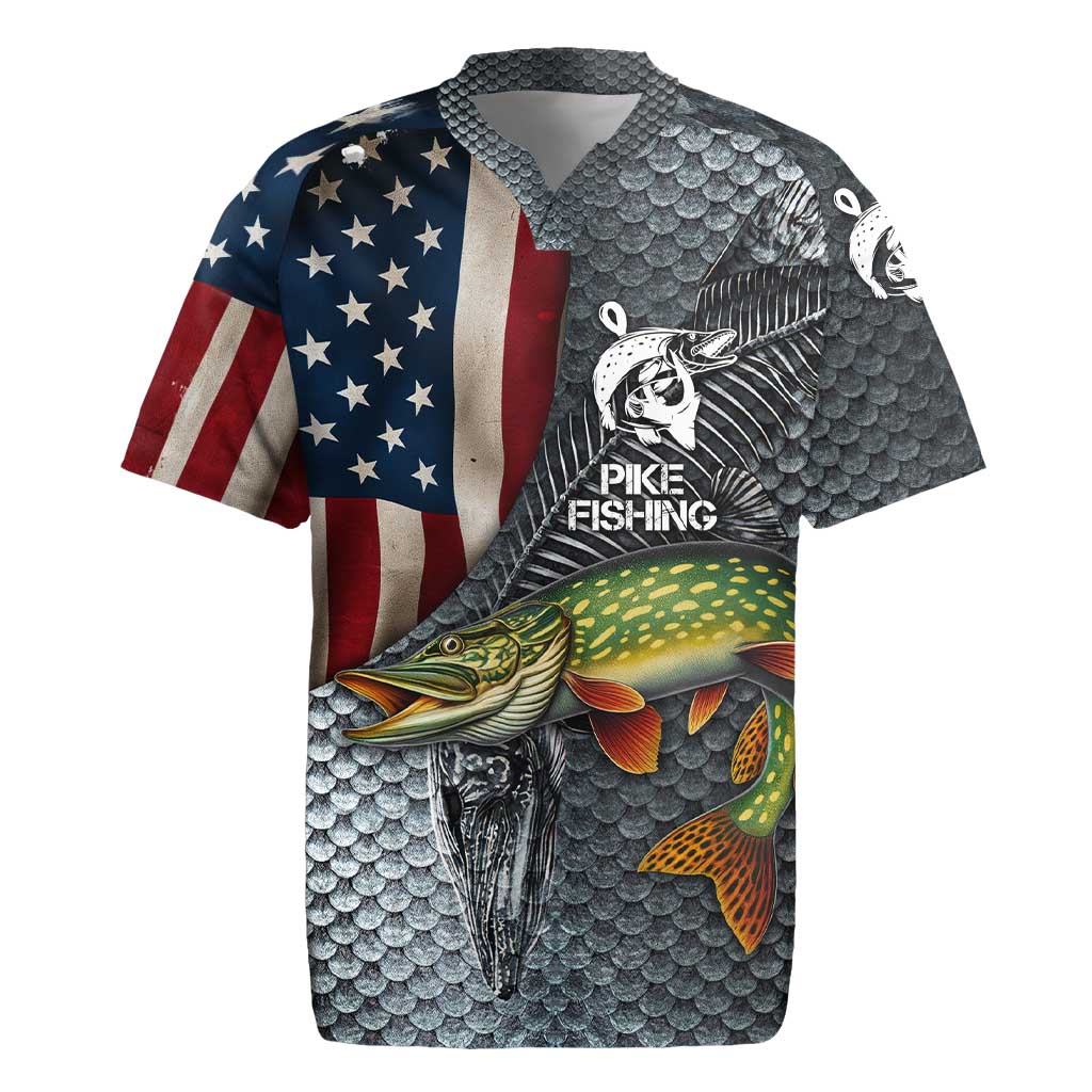 Pike Fishing Rugby Jersey with American Flag and Realistic Fish Scale Texture Design - Wonder Print Shop
