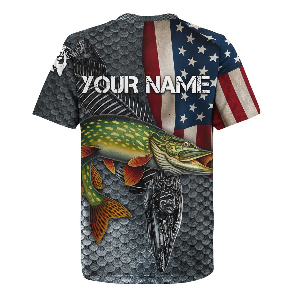 Pike Fishing Rugby Jersey with American Flag and Realistic Fish Scale Texture Design - Wonder Print Shop