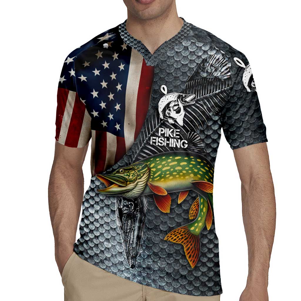 Pike Fishing Rugby Jersey with American Flag and Realistic Fish Scale Texture Design - Wonder Print Shop