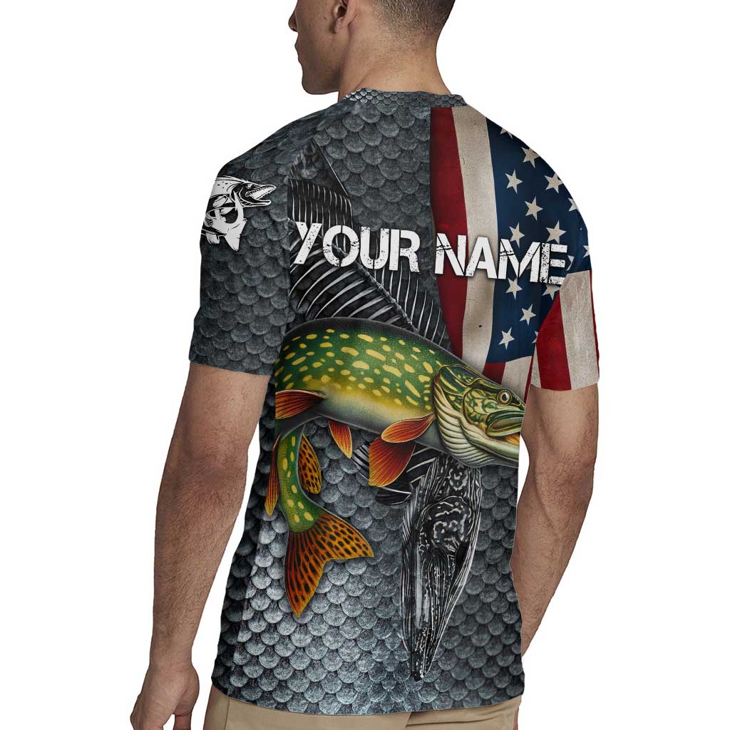 Pike Fishing Rugby Jersey with American Flag and Realistic Fish Scale Texture Design - Wonder Print Shop