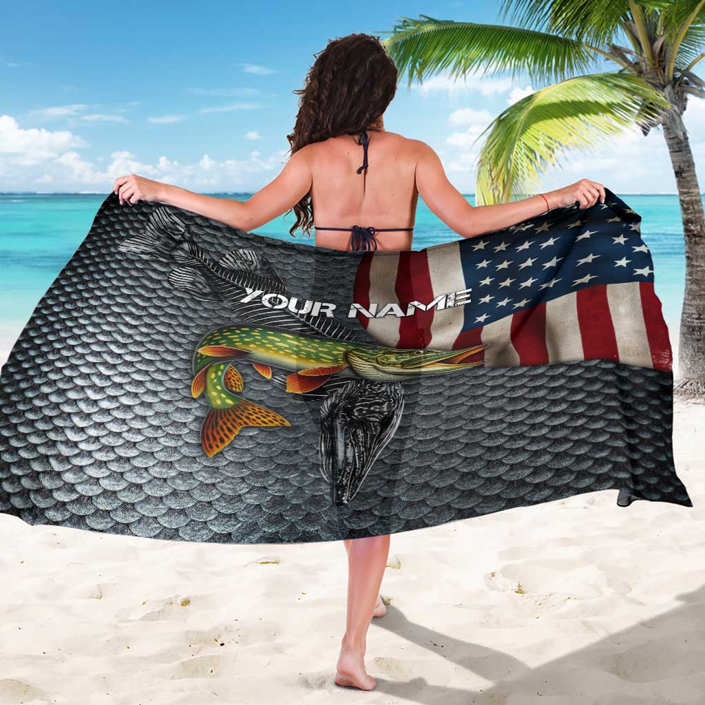 Pike Fishing Sarong with American Flag and Realistic Fish Scale Texture Design - Wonder Print Shop