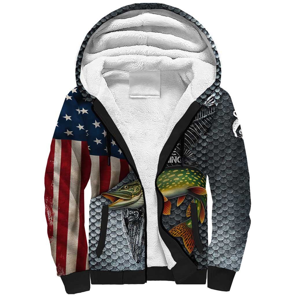 Pike Fishing Sherpa Hoodie with American Flag and Realistic Fish Scale Texture Design - Wonder Print Shop