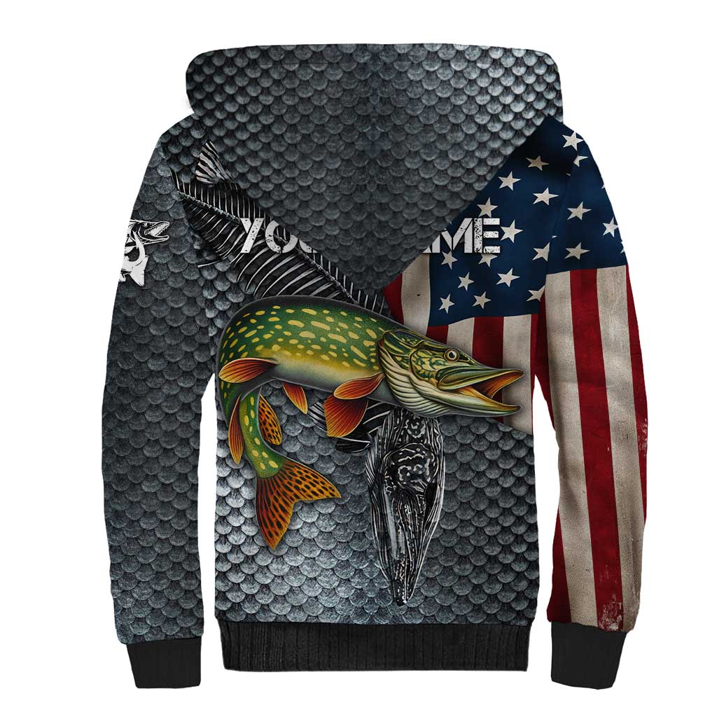 Pike Fishing Sherpa Hoodie with American Flag and Realistic Fish Scale Texture Design - Wonder Print Shop