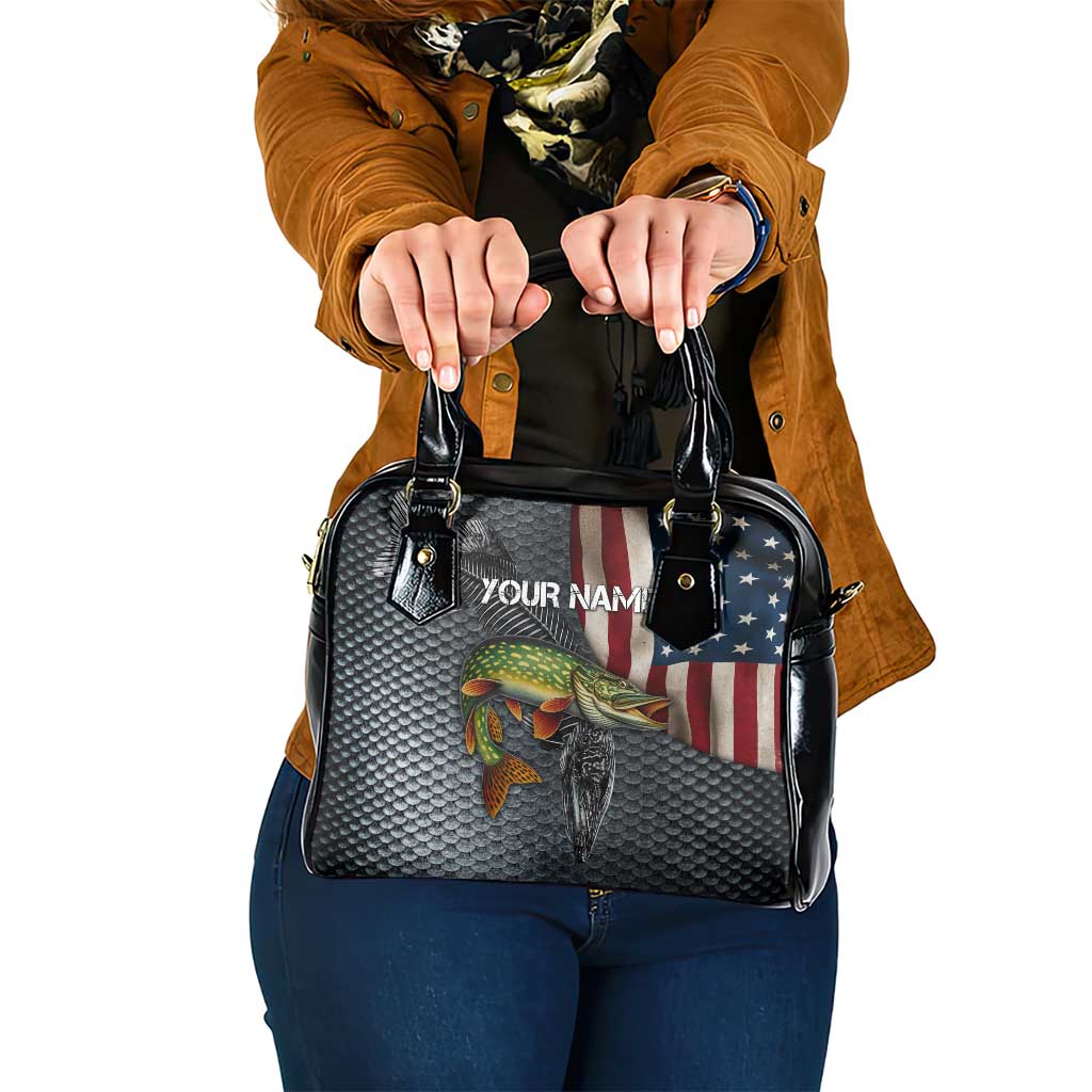 Pike Fishing Shoulder Handbag with American Flag and Realistic Fish Scale Texture Design - Wonder Print Shop