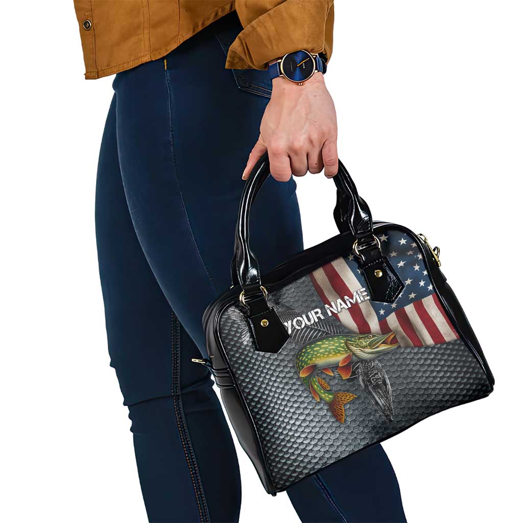 Pike Fishing Shoulder Handbag with American Flag and Realistic Fish Scale Texture Design - Wonder Print Shop