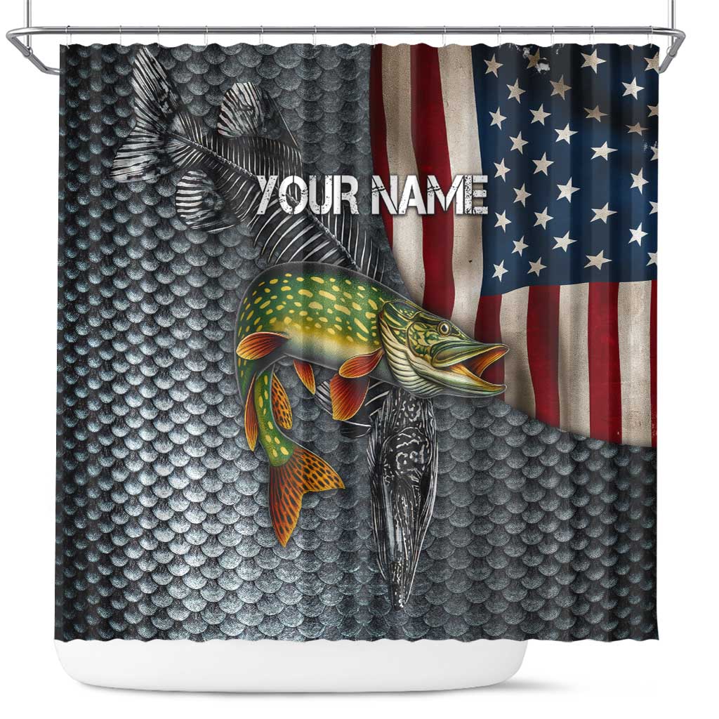 Pike Fishing Shower Curtain with American Flag and Realistic Fish Scale Texture Design - Wonder Print Shop
