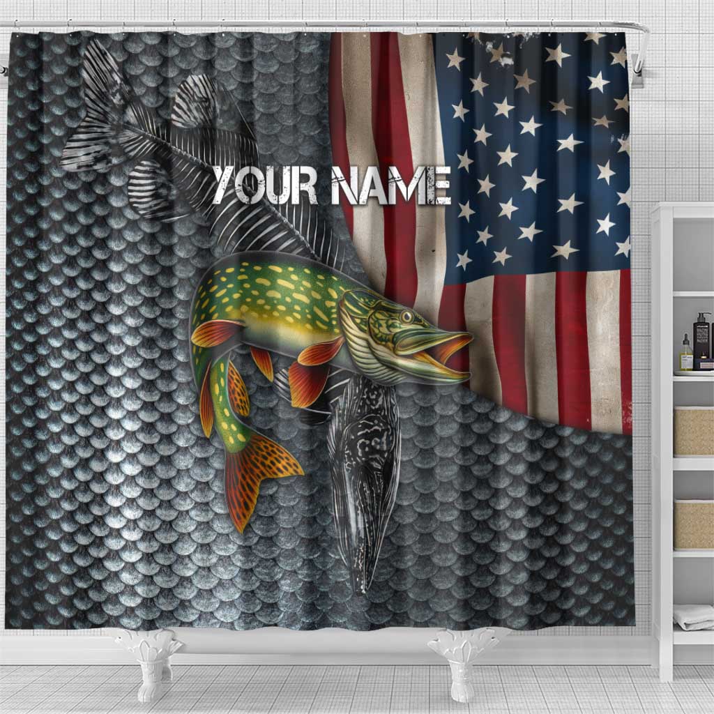 Pike Fishing Shower Curtain with American Flag and Realistic Fish Scale Texture Design - Wonder Print Shop