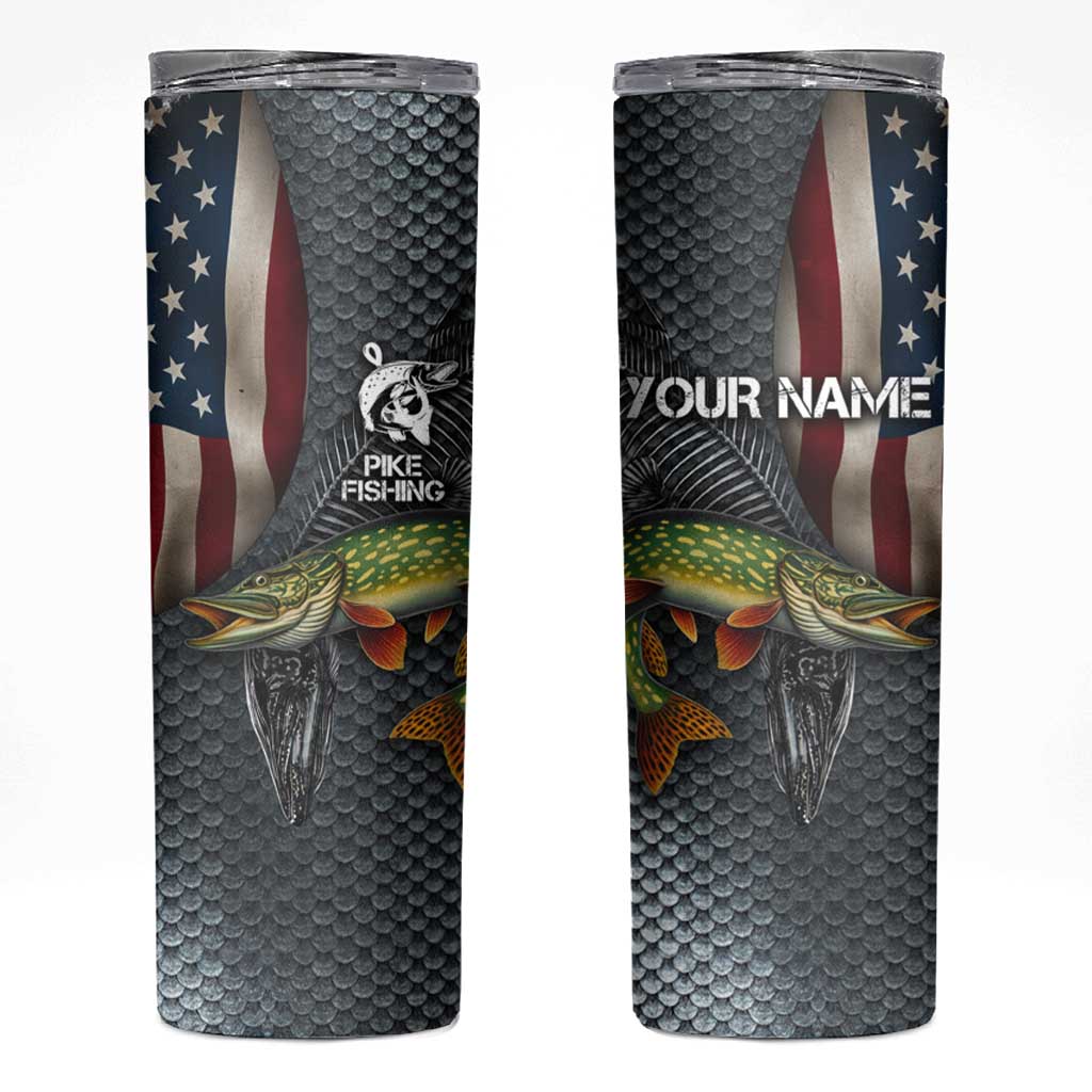 Pike Fishing Skinny Tumbler with American Flag and Realistic Fish Scale Texture Design - Wonder Print Shop