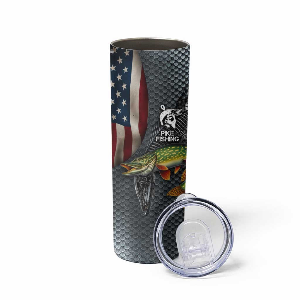 Pike Fishing Skinny Tumbler with American Flag and Realistic Fish Scale Texture Design - Wonder Print Shop