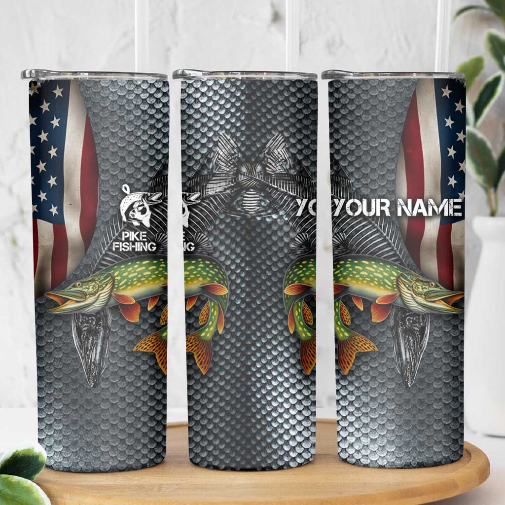 Pike Fishing Skinny Tumbler with American Flag and Realistic Fish Scale Texture Design - Wonder Print Shop