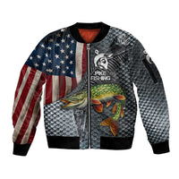 Pike Fishing Sleeve Zip Bomber Jacket with American Flag and Realistic Fish Scale Texture Design - Wonder Print Shop