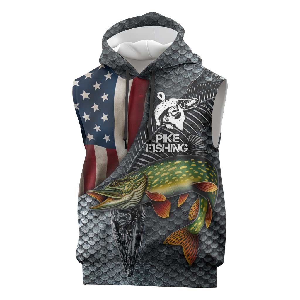 Pike Fishing Sleeveless Hoodie with American Flag and Realistic Fish Scale Texture Design - Wonder Print Shop