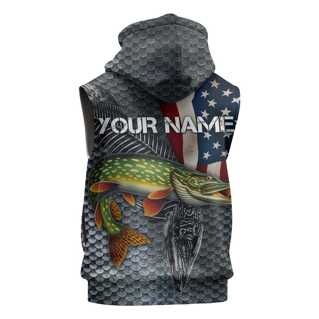 Pike Fishing Sleeveless Hoodie with American Flag and Realistic Fish Scale Texture Design - Wonder Print Shop