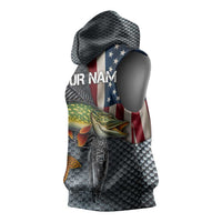 Pike Fishing Sleeveless Hoodie with American Flag and Realistic Fish Scale Texture Design - Wonder Print Shop