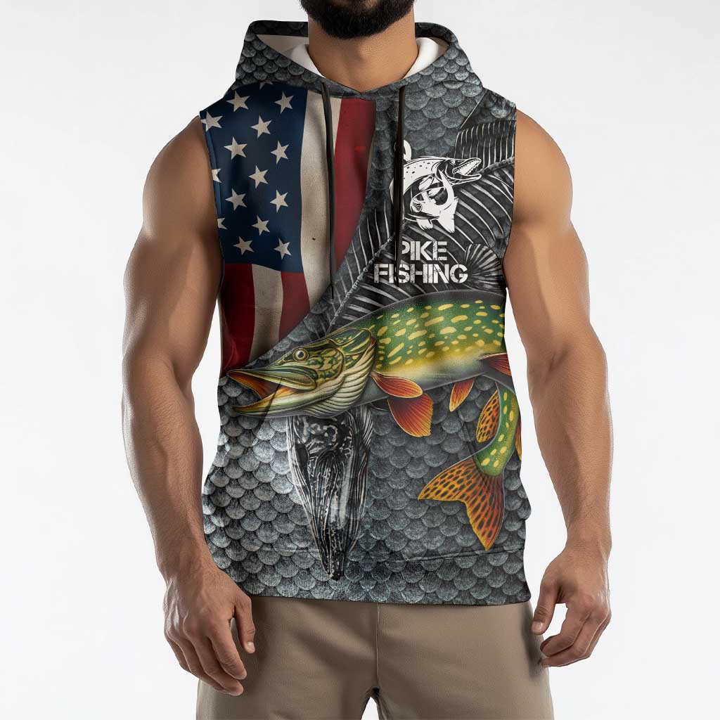 Pike Fishing Sleeveless Hoodie with American Flag and Realistic Fish Scale Texture Design - Wonder Print Shop